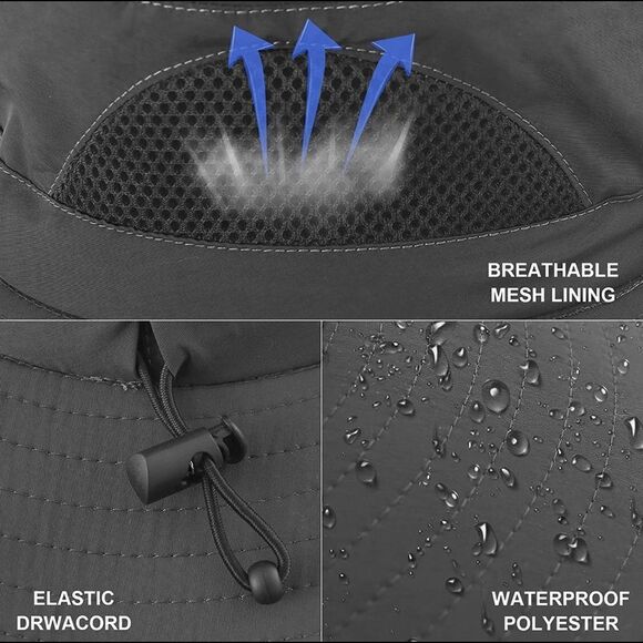 Men Women Fishing Sun Waterproof Wide Brim black gray camo hat NEW - Picture 9 of 9